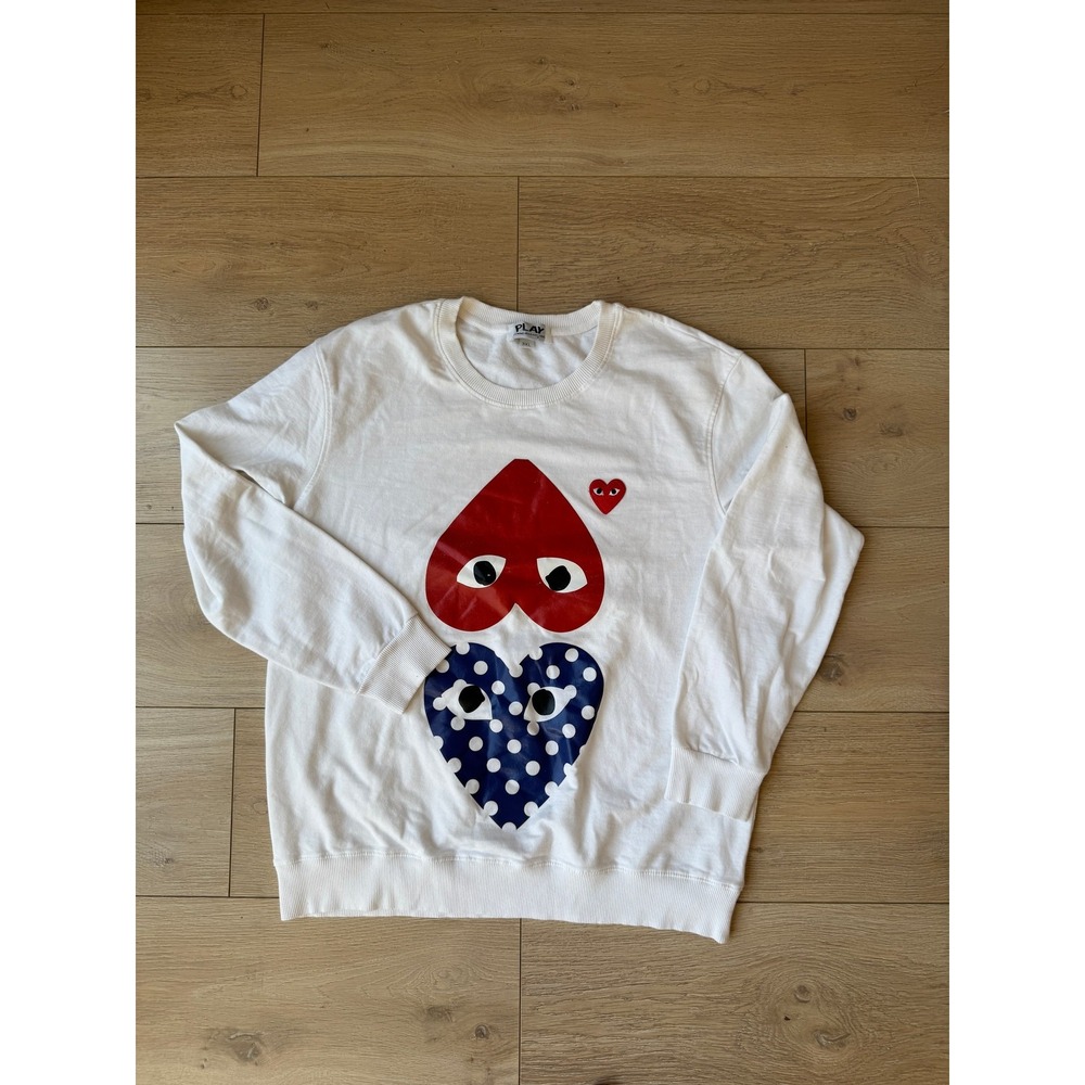 Comme des Garcons PLAY Double Heart Sweatshirt White Red Blue Polka Dot 3XL